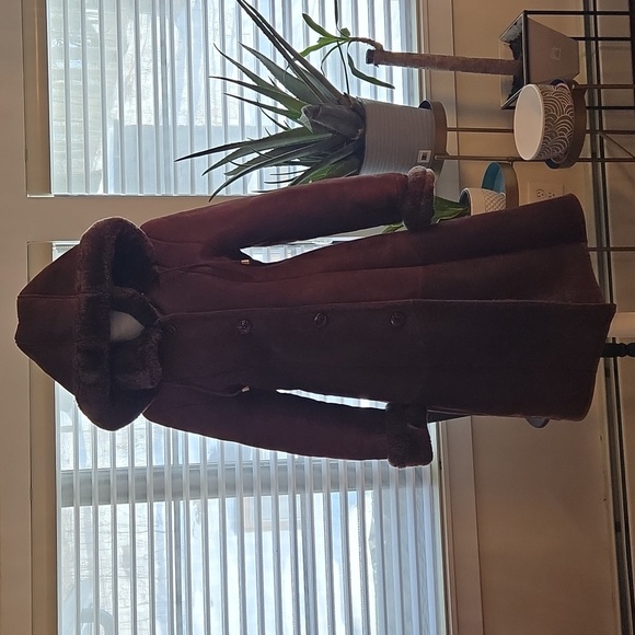Suede Leather Hooded Shearling Coat Brown Burgundy Size Medium - Picture 1 of 13